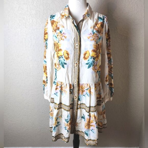 Anthropologie Panel Print Long Sleeve Floral Mini Shirt Dress Size XS - Picture 2 of 7